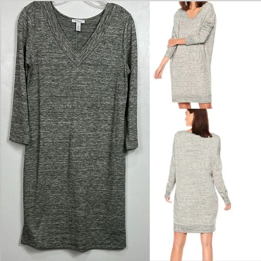 Anthropologie Daily Ritual Heather Gray V-Neck Knit Casual Sweater Dress Size M